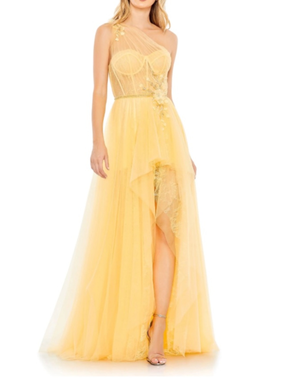 Mac Duggal One-Shoulder Yellow Tulle Evening Gown